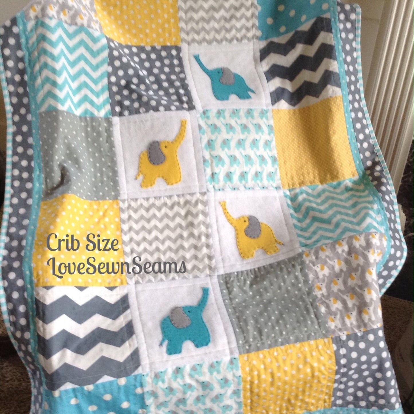 YELLOW/TEAL ELEPHANT Quilt with ultra soft back/2 sizes available