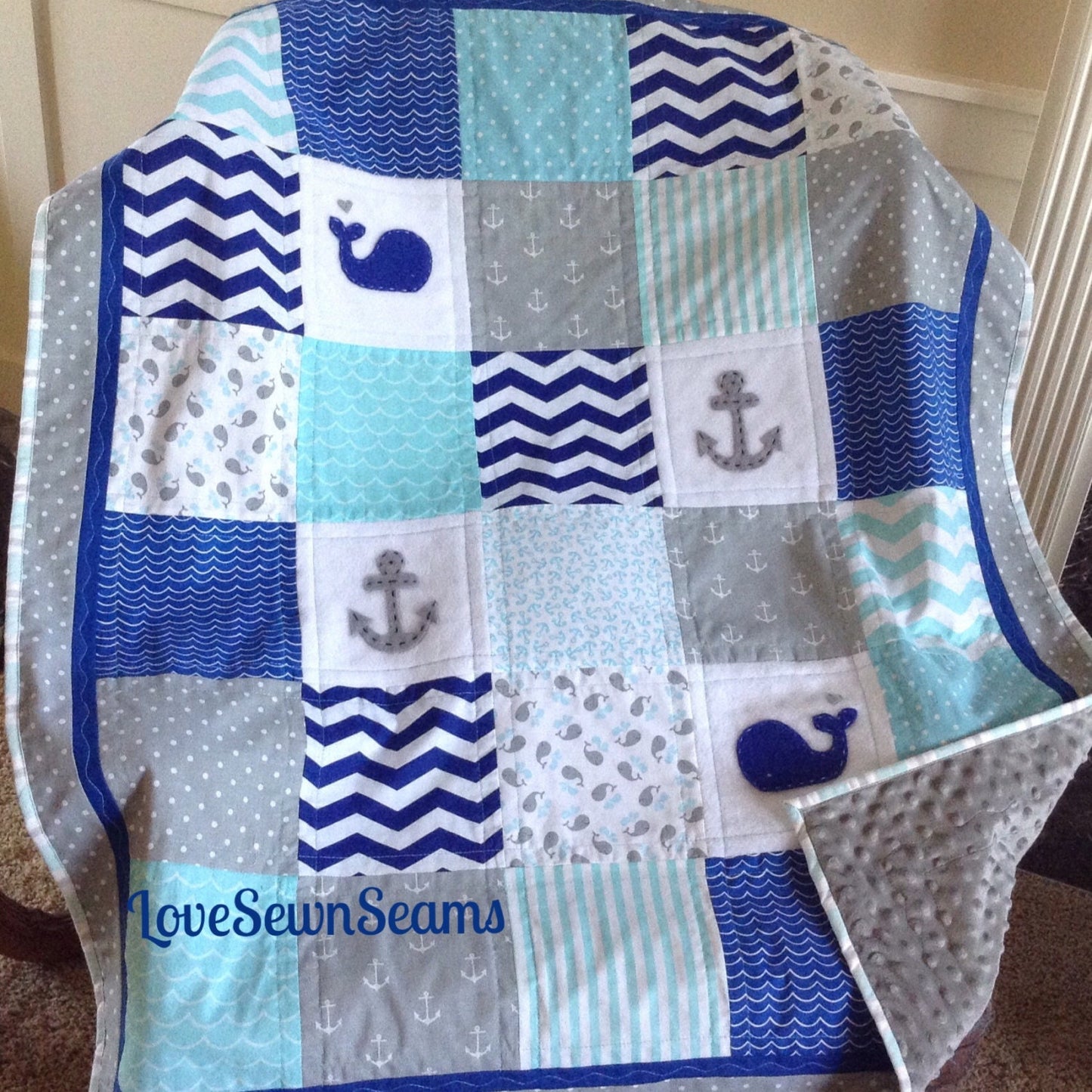 ROYAL/GRAY/AQUA Nautical Quilt/Anchor quilt/Whale blanket/Crib size