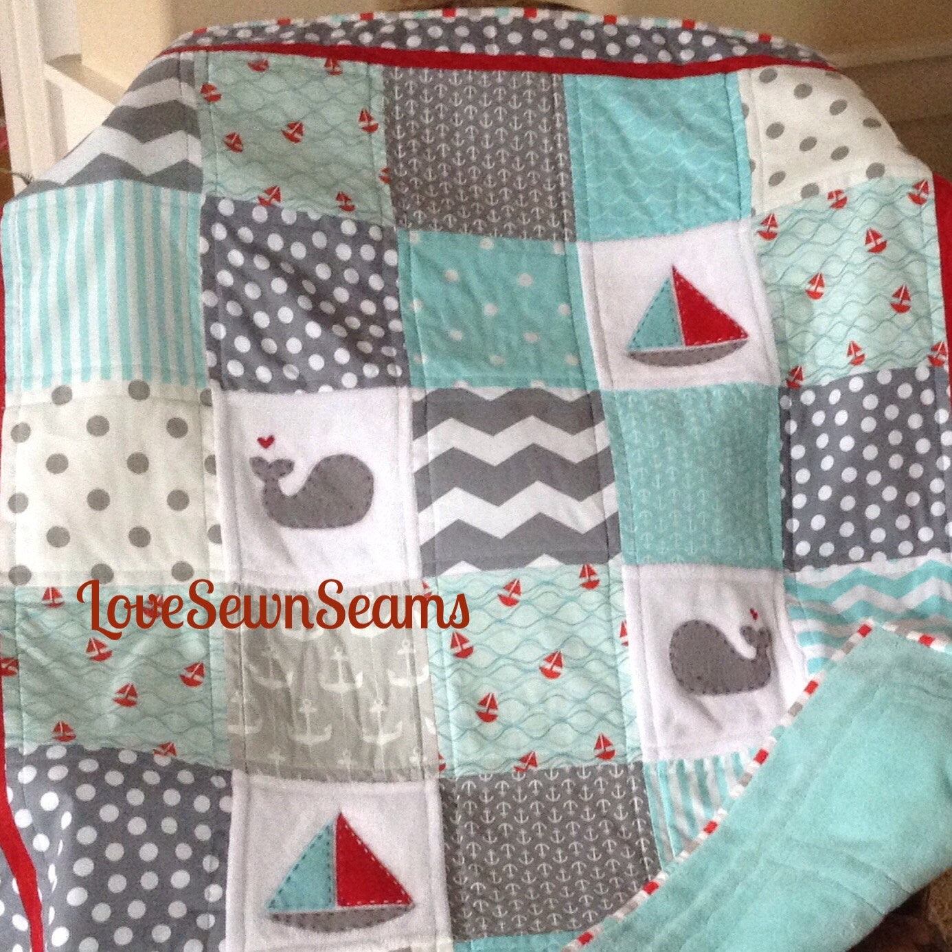Nautical Baby Quilt/AQUA & GRAY w RED Accent Sailing Quilt/Nautical nursery/Baby quilt