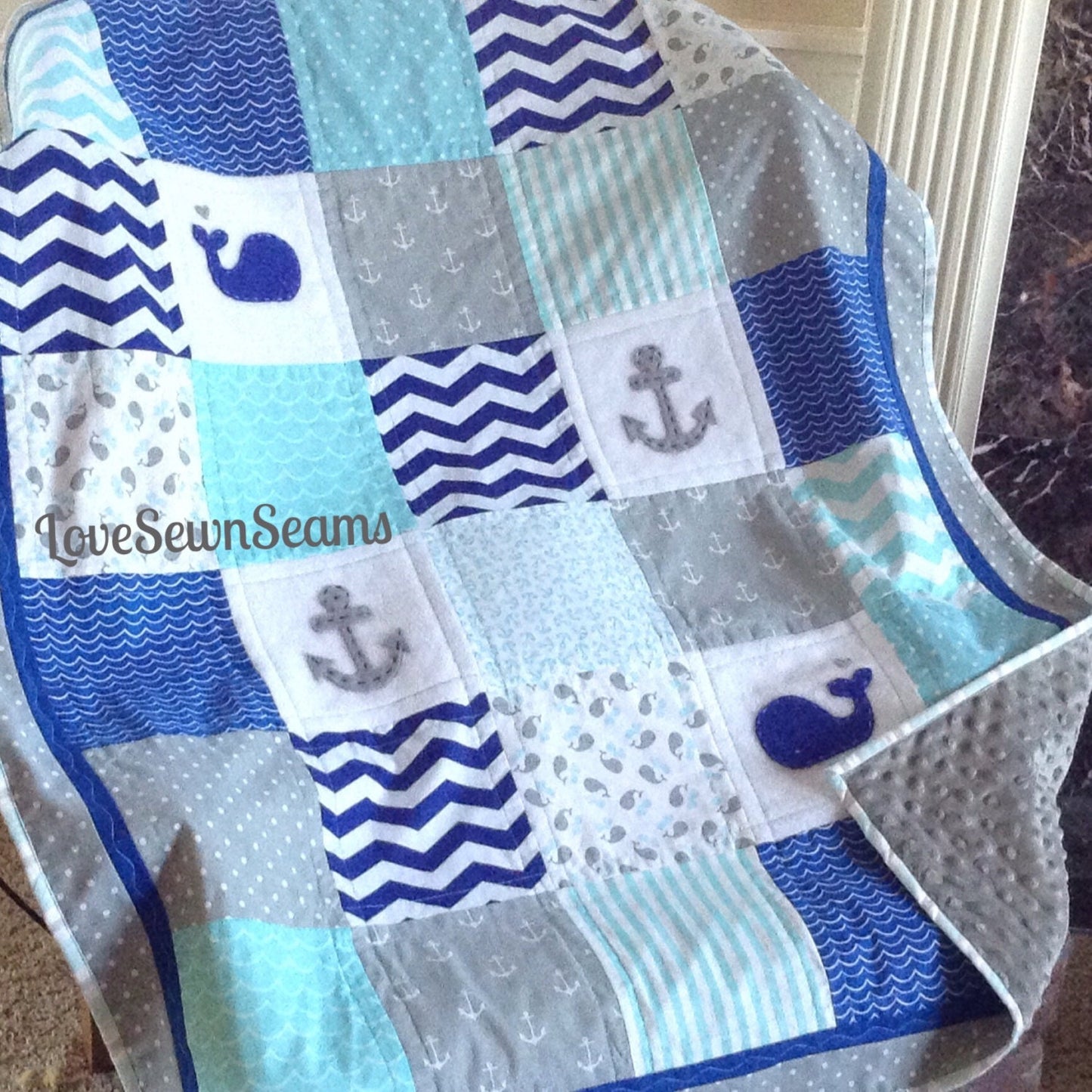 ROYAL/GRAY/AQUA Nautical Quilt/Anchor quilt/Whale blanket/Crib size