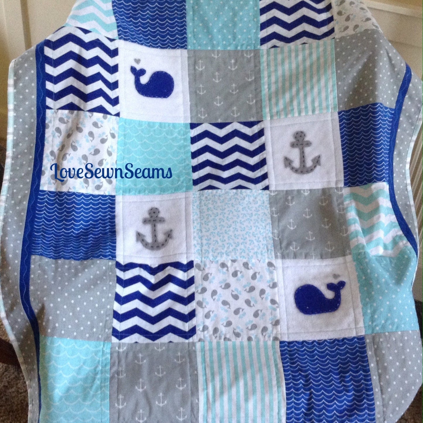 ROYAL/GRAY/AQUA Nautical Quilt/Anchor quilt/Whale blanket/Crib size