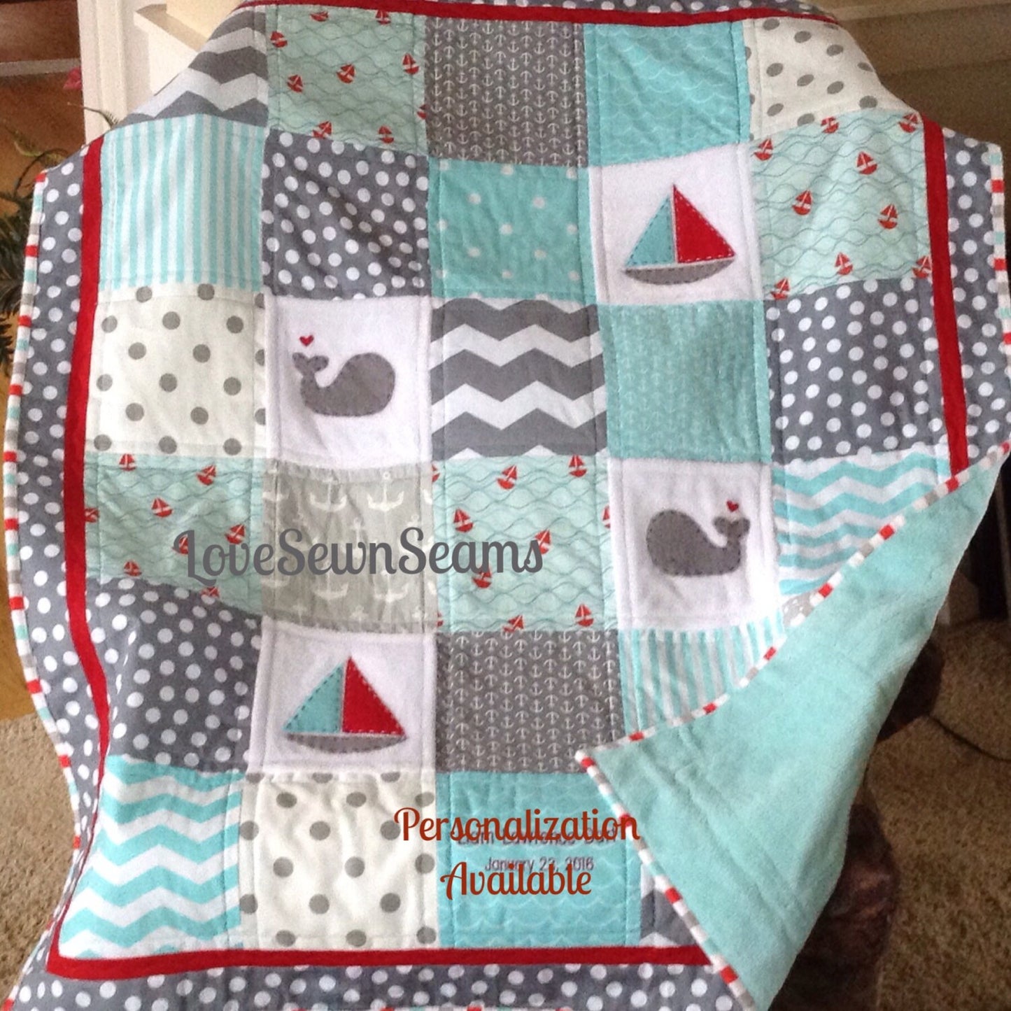 Nautical Baby Quilt/AQUA & GRAY w RED Accent Sailing Quilt/Nautical nursery/Baby quilt