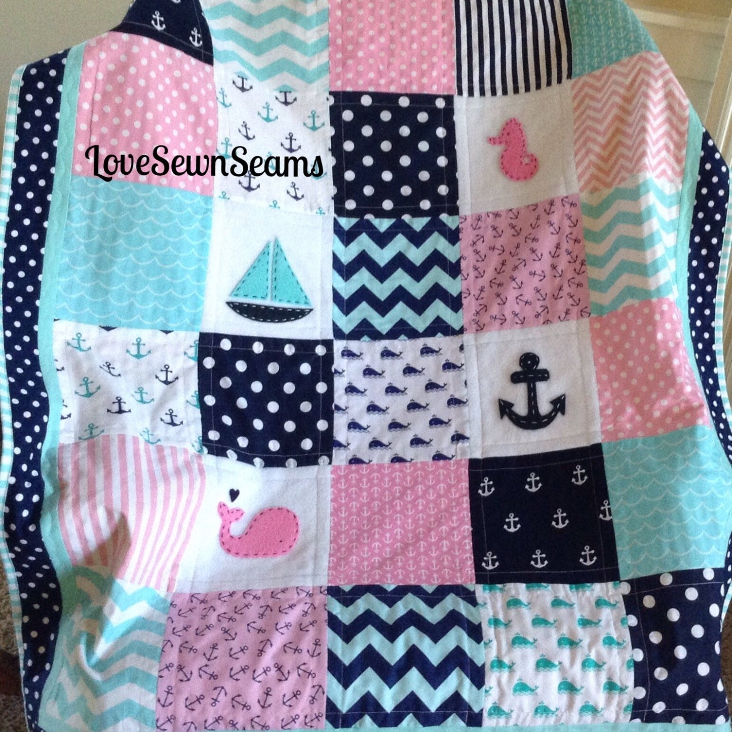 Pink Navy Aqua Nautical Quilt/Nautical Baby quilt/Seahorse/Nautical crib guard/Coastal quilt
