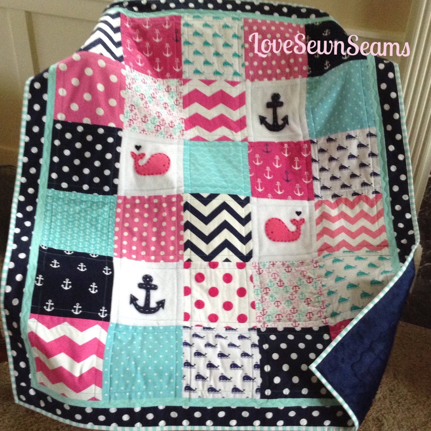 HOT Pink baby quilt/Nautical Quilt/Baby Girl Quilt/BABY QUILT/Coastal quilt/Baby bedding