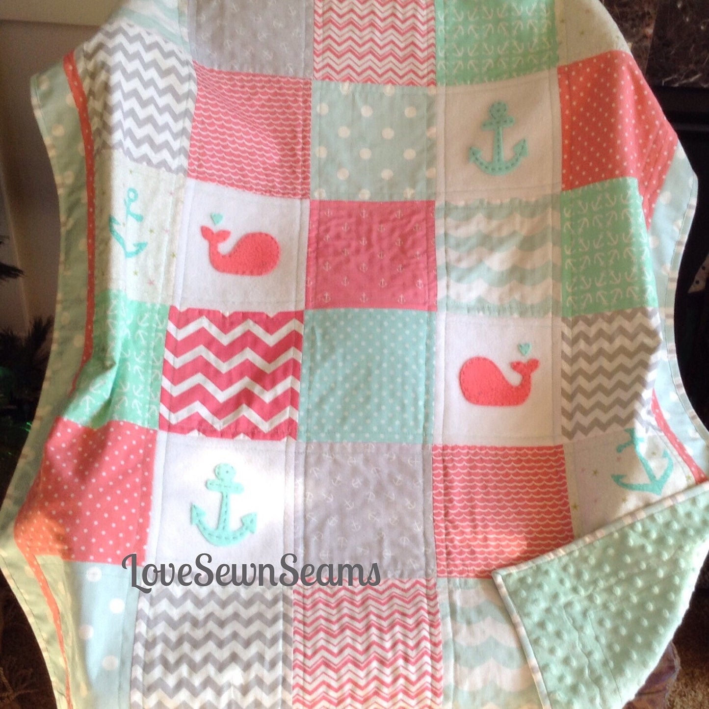 CORAL/MINT/Aqua/Pink/GRAY Nautical Quilt/Crib size 38"x52