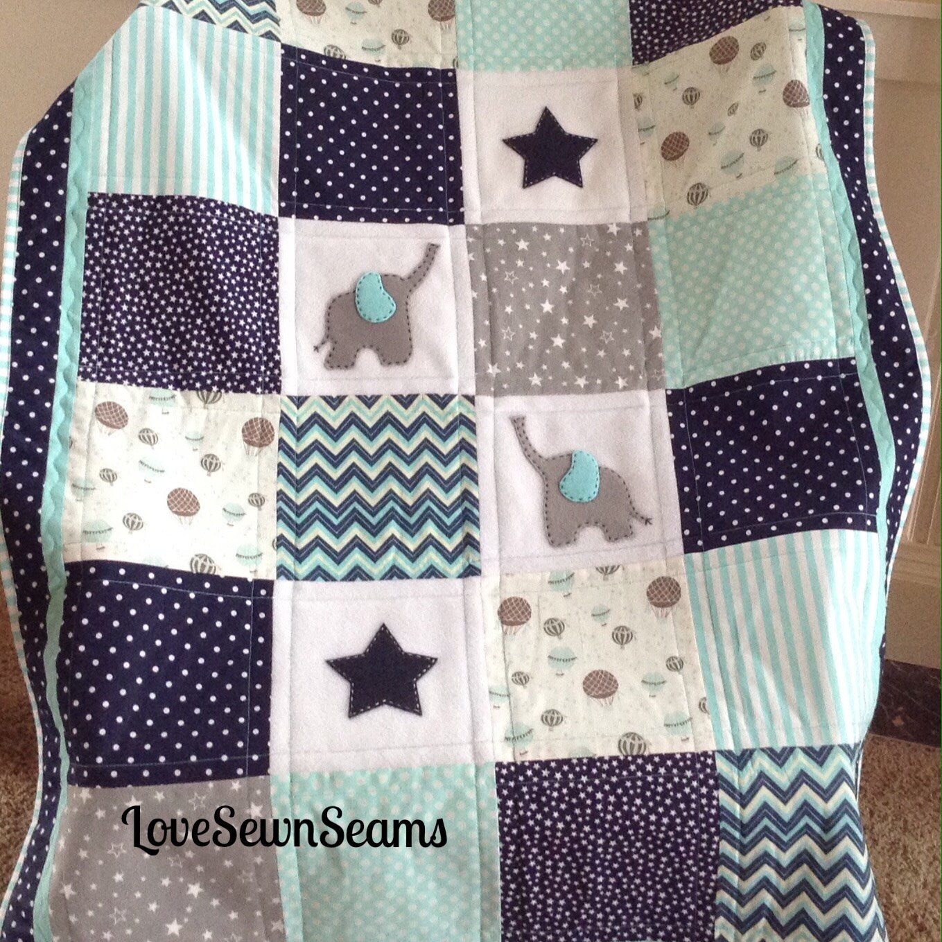 ELEPHANT QUILT/Mint+Gray+Navy Elephant t Quilt/Modern baby quilt/Handmade quilt/Minky Elephant quilt