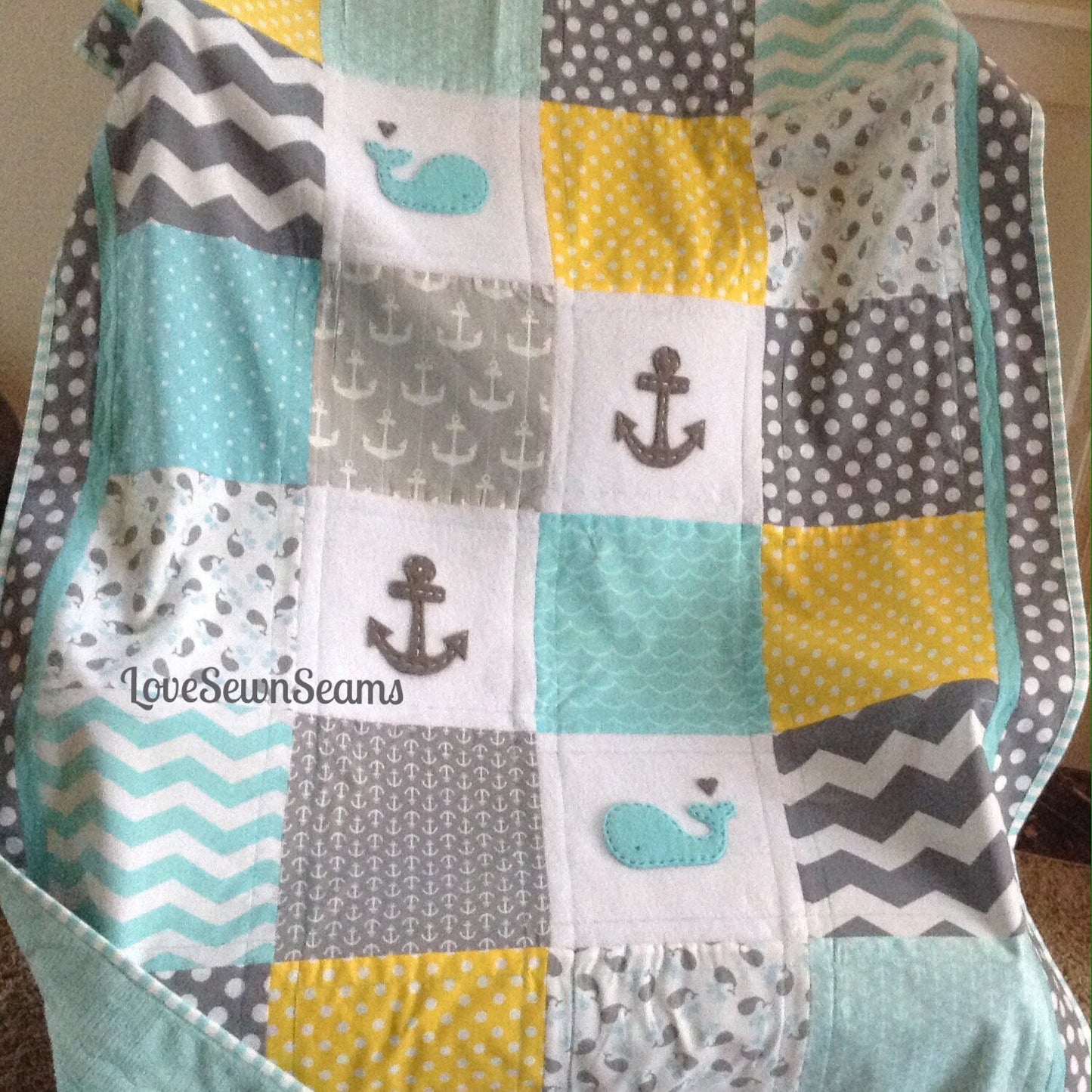 YELLOW/GRAY/AQUA Nautical Quilt 38"x52" /Nautical quilt with yellow
