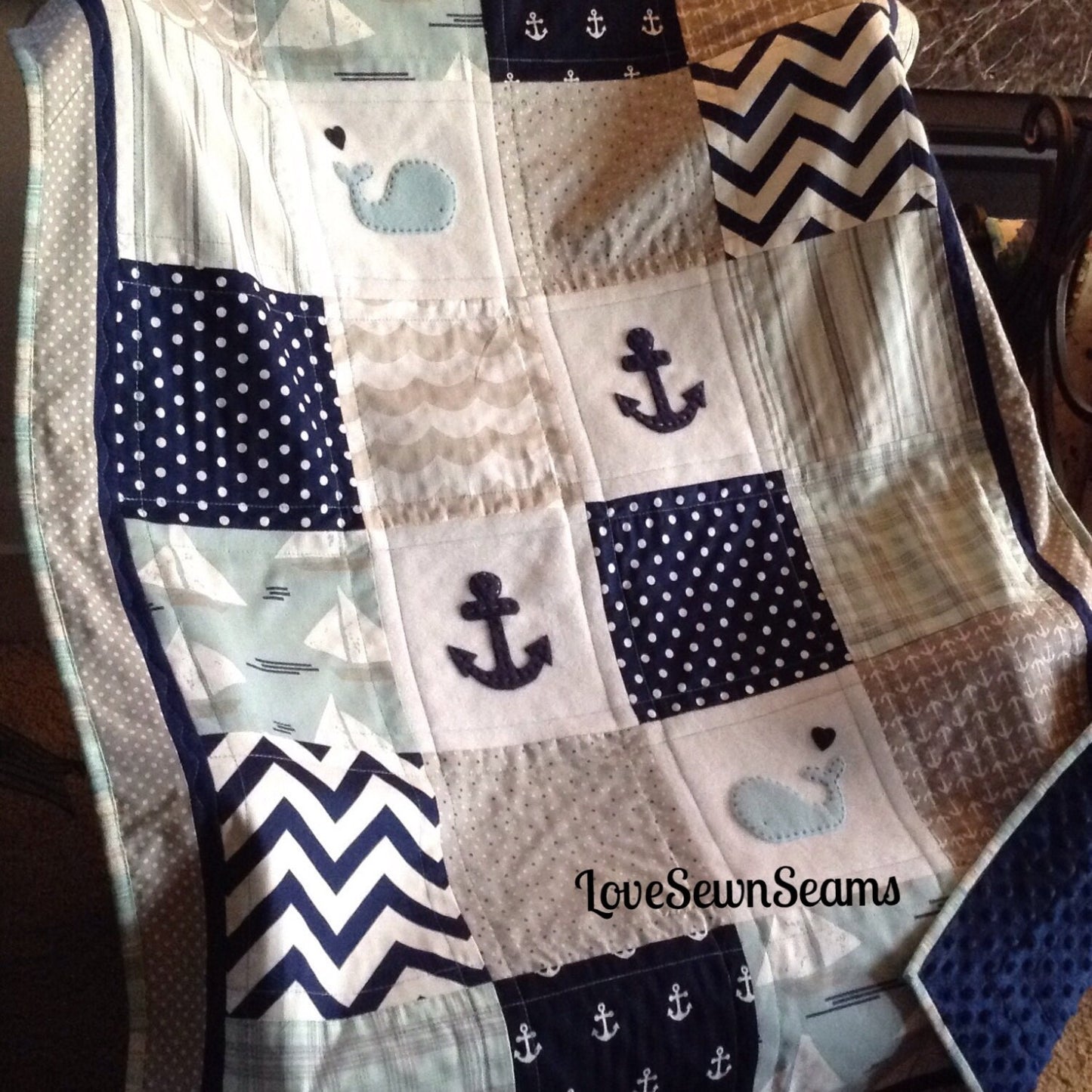 NAUTICAL QUILT/Neutral baby quilt/Classic quilt/Sand, mint, pool blue/Crib Quilt