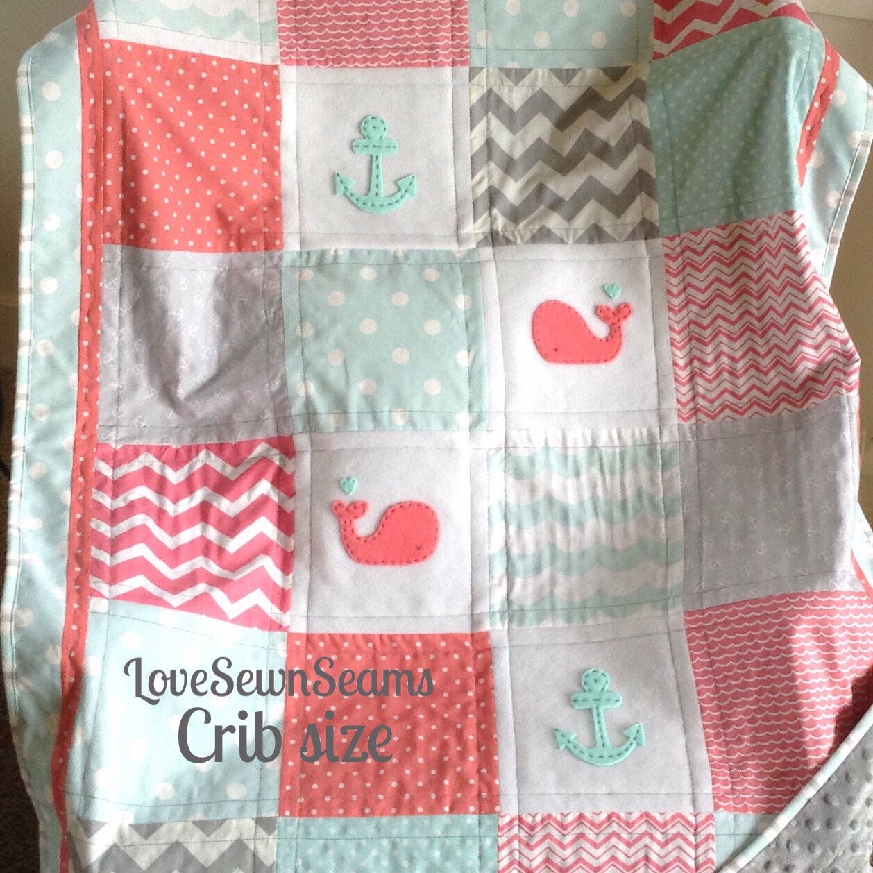 CORAL/MINT/Aqua/Pink/GRAY Nautical Quilt/Crib size 38"x52