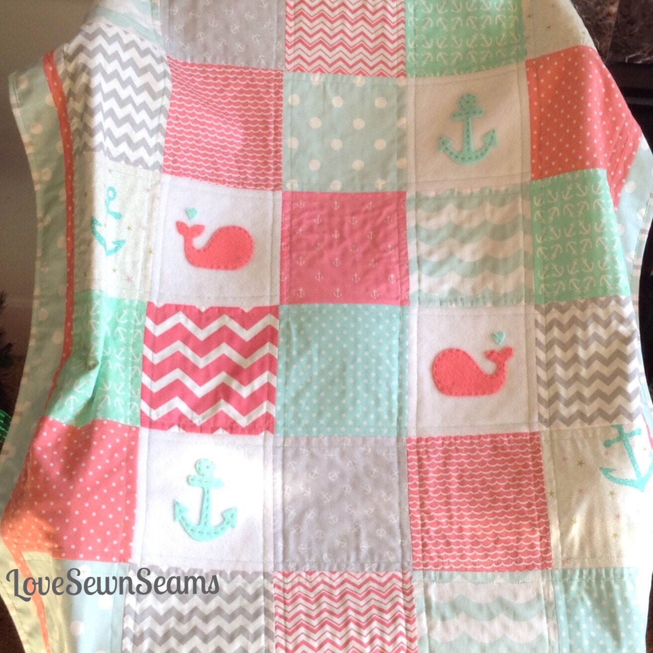 CORAL/MINT/Aqua/Pink/GRAY Nautical Quilt/Crib size 38"x52