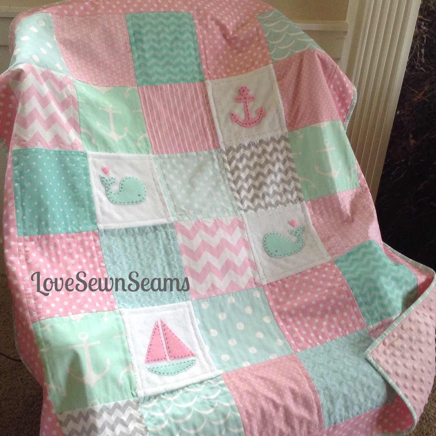 Coastal quilt/Mint and pink quilt/Ocean quilt/handmade quilt