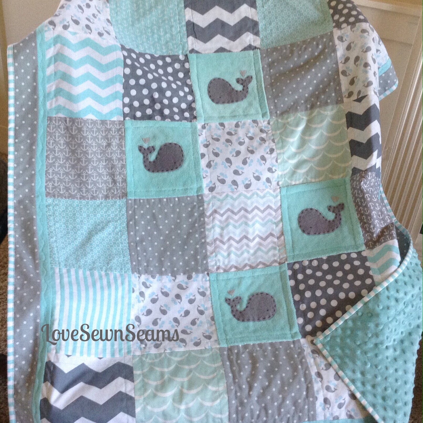 WHALE Baby Quilt/Nautical quilt/COASTAL baby quilt/Gray and Aqua quilt/Baby Quilt