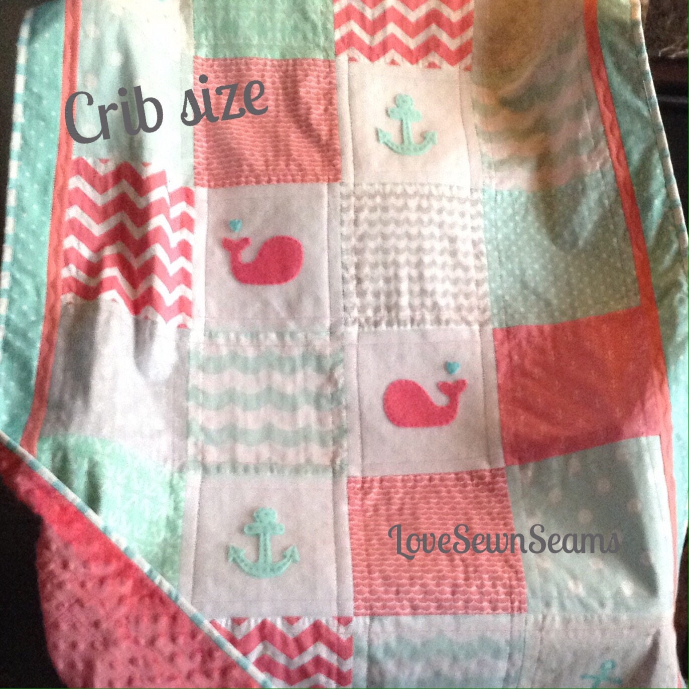 CORAL/MINT/Aqua/Pink/GRAY Nautical Quilt/Crib size 38"x52