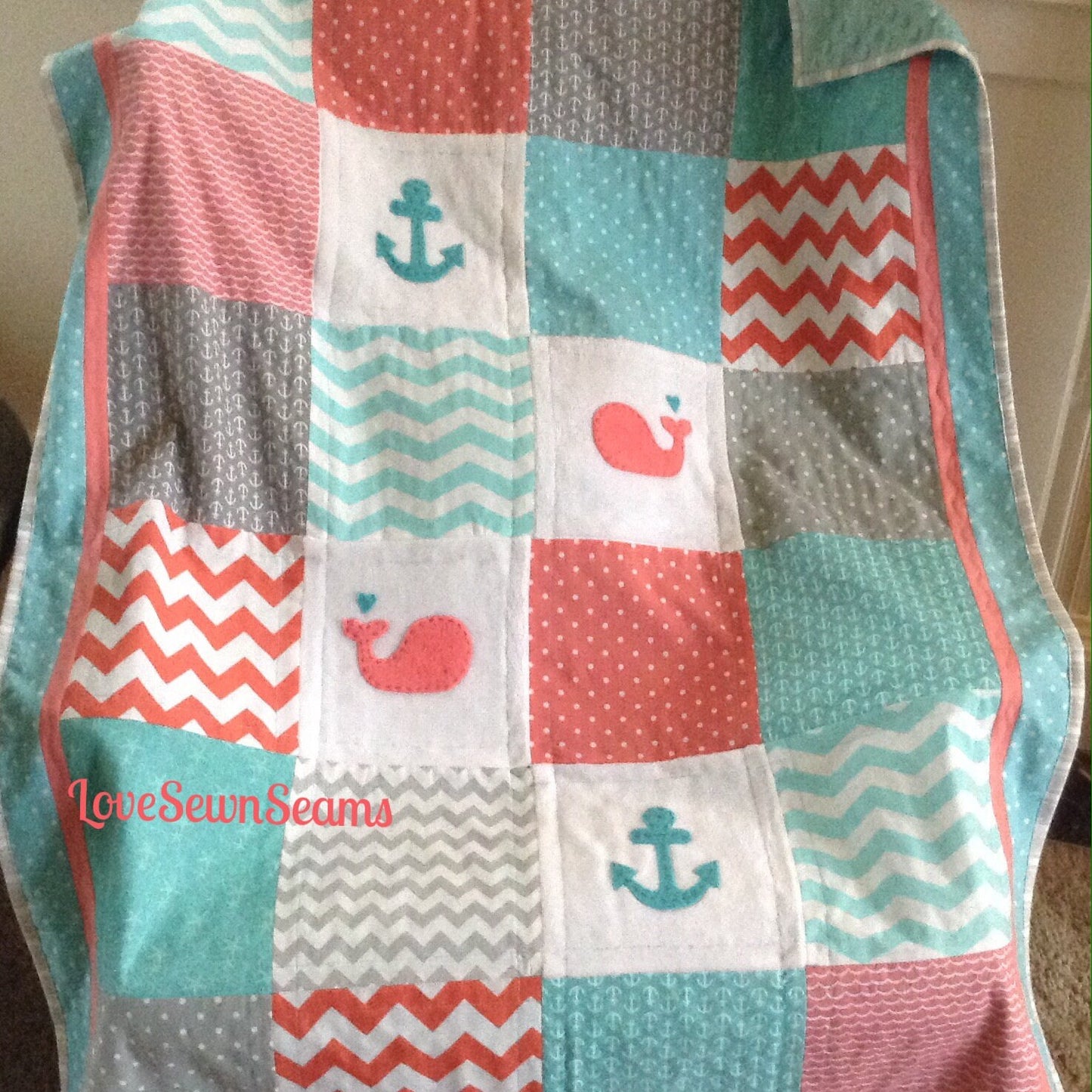 MADE TO ORDER/Coastal baby quilt/Nautical baby quilt/ Baby quilt/Crib size quilt/Nautical /Coral and Teal quilt