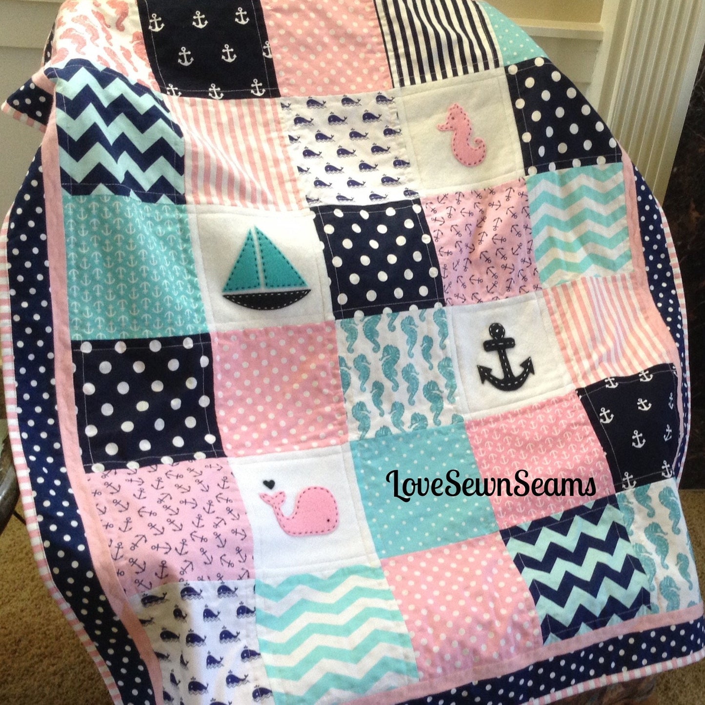 Pink Navy Aqua Nautical Quilt/Nautical Baby quilt/Seahorse/Nautical crib guard/Coastal quilt