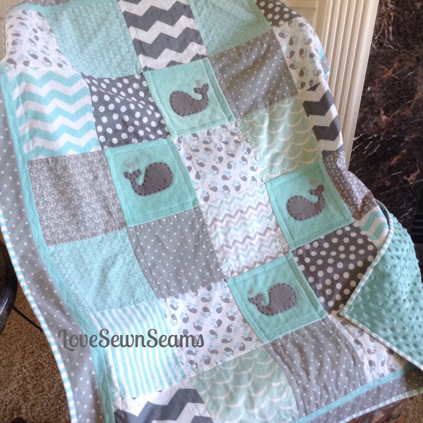 WHALE Baby Quilt/Nautical quilt/COASTAL baby quilt/Gray and Aqua quilt/Baby Quilt