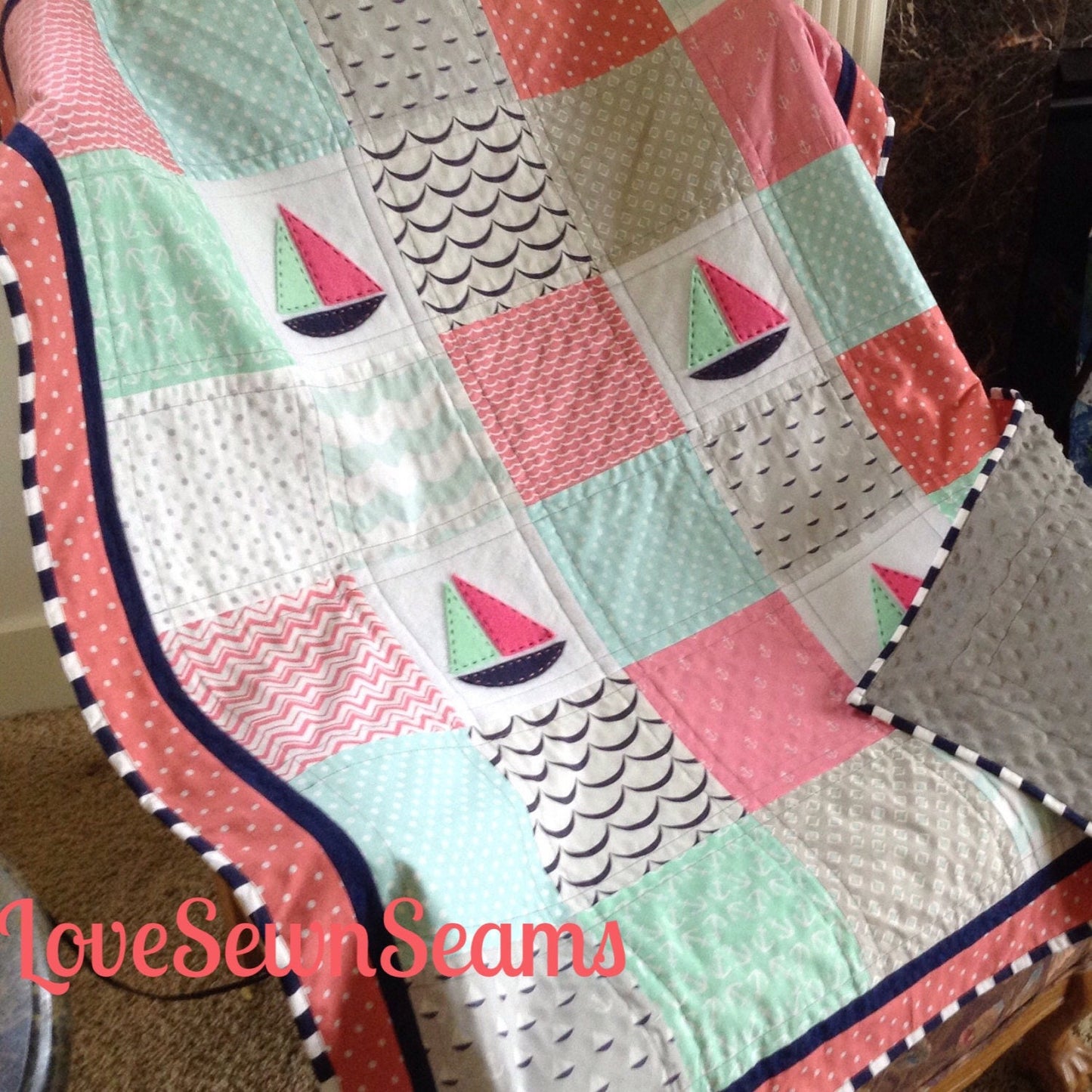 Mint, Coral, navy & gray Sailing quilt 38"x52"/Sailboats/Nautical nursery