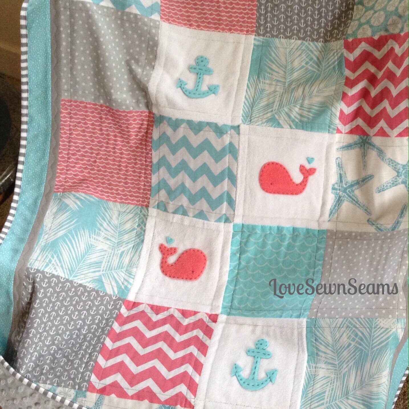 Baby Nautical quilt/OCEAN BREEZE Quilt/Crib Size/Anchor & whale/Coral and Teal quilt/Handmade in USA