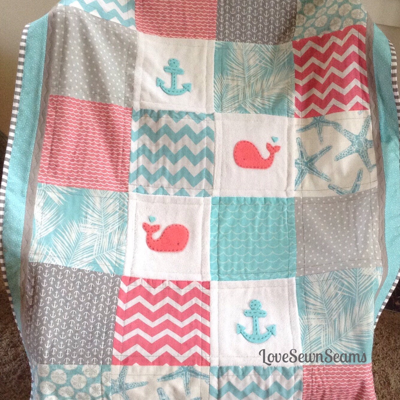 Baby Nautical quilt/OCEAN BREEZE Quilt/Crib Size/Anchor & whale/Coral and Teal quilt/Handmade in USA