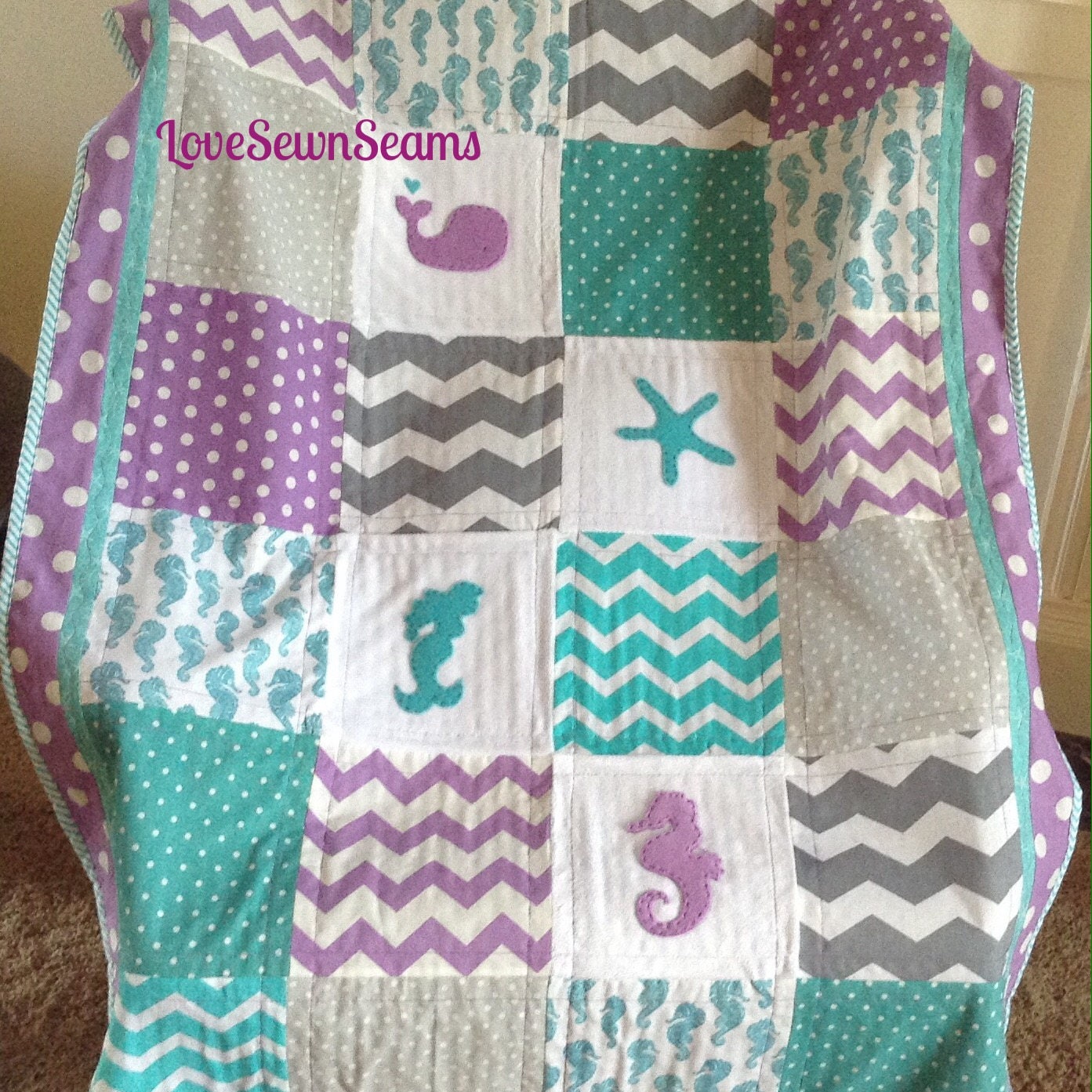 MERMAID Baby Quilt/Nautical girl quilt/Seahorse quilt/Crib Size quilt/Mermaid Crib bedding