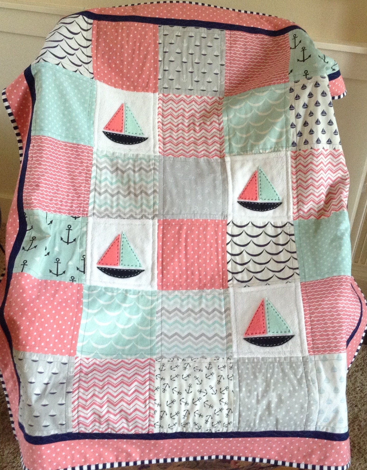 Mint, Coral, navy & gray Sailing quilt 38"x52"/Sailboats/Nautical nursery