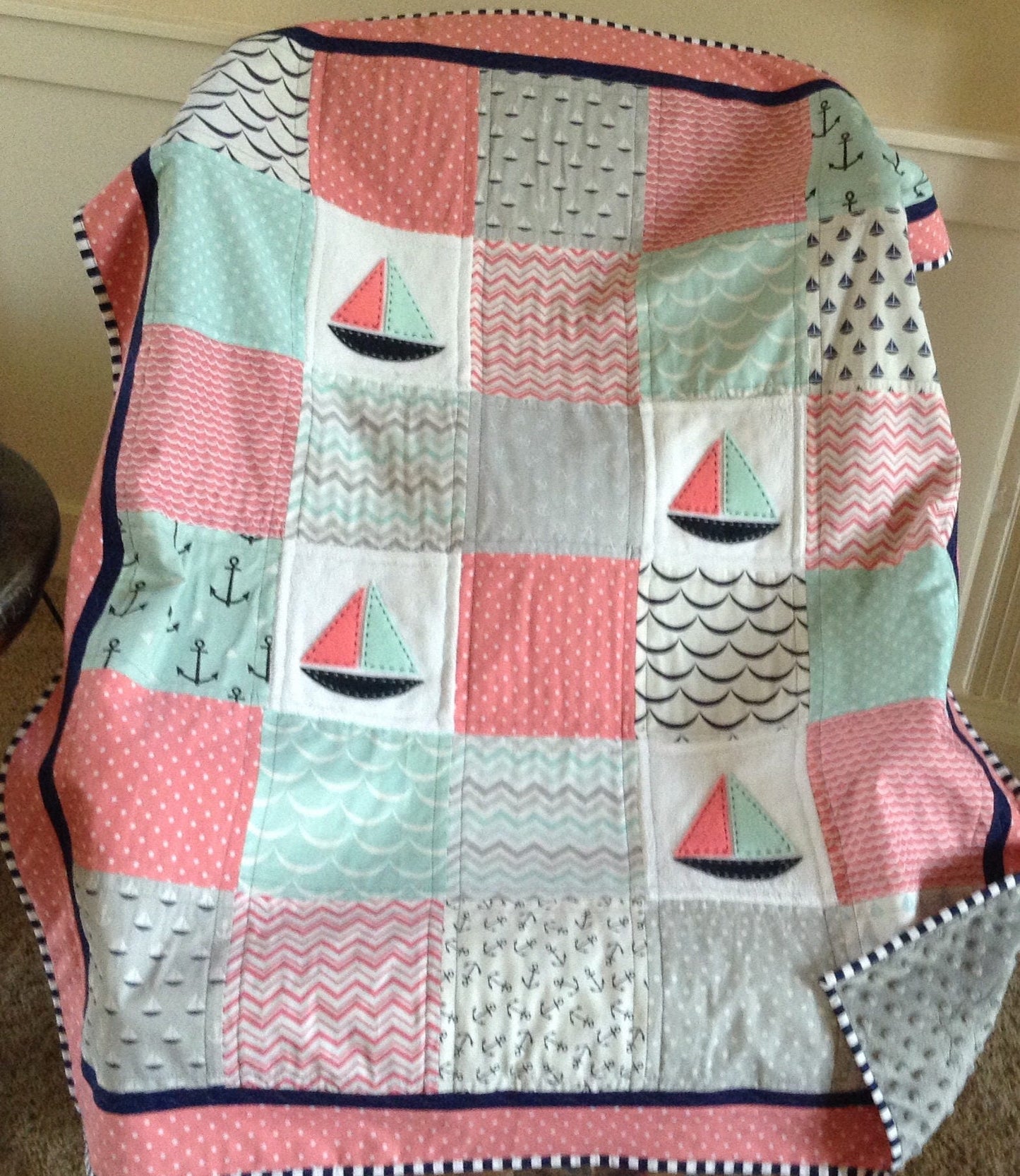 Mint, Coral, navy & gray Sailing quilt 38"x52"/Sailboats/Nautical nursery
