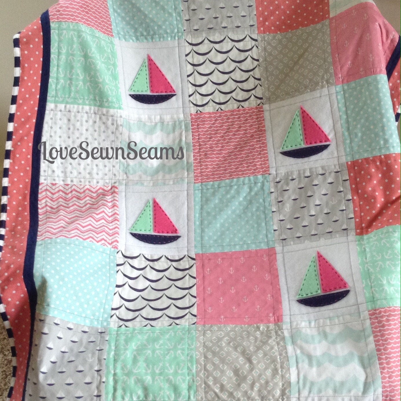 Mint, Coral, navy & gray Sailing quilt 38"x52"/Sailboats/Nautical nursery