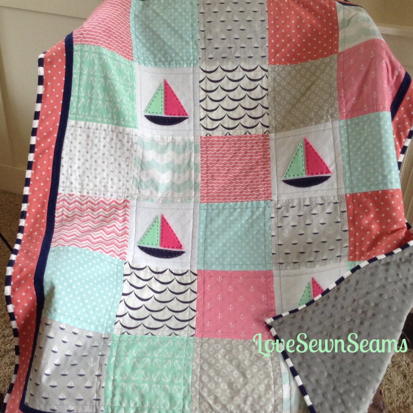 Mint, Coral, navy & gray Sailing quilt 38"x52"/Sailboats/Nautical nursery