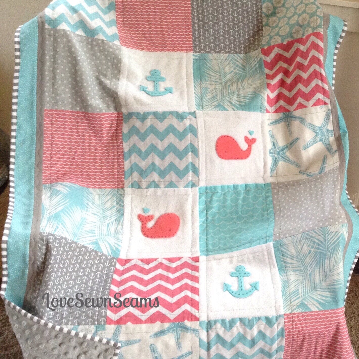 Baby Nautical quilt/OCEAN BREEZE Quilt/Crib Size/Anchor & whale/Coral and Teal quilt/Handmade in USA