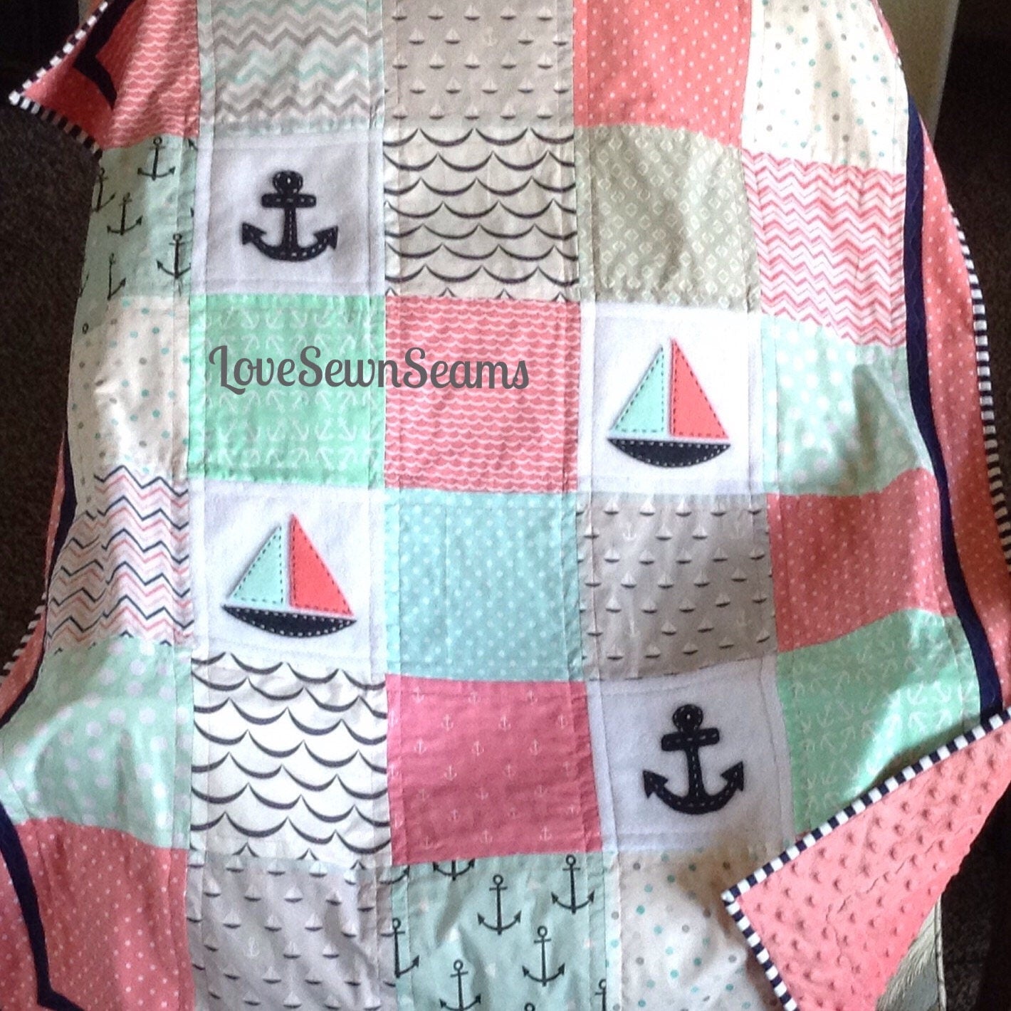 Mint, Coral, navy & gray Sailing quilt 38"x52"/Sailboats/Nautical nursery