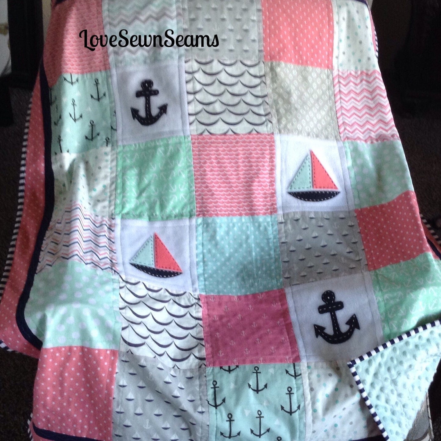 Mint, Coral, navy & gray Sailing quilt 38"x52"/Sailboats/Nautical nursery