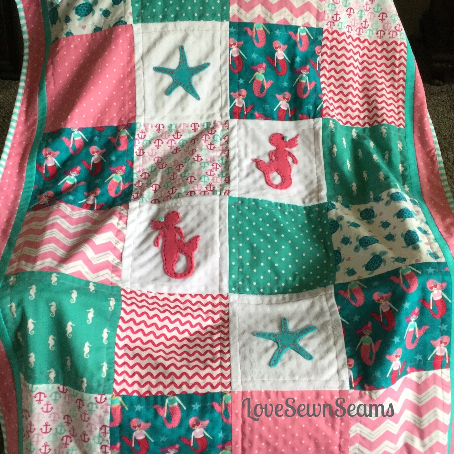 Mermaid Quilt/Sea Turtle quilt/Handmade in USA/Nautical Baby quilt/Starfish