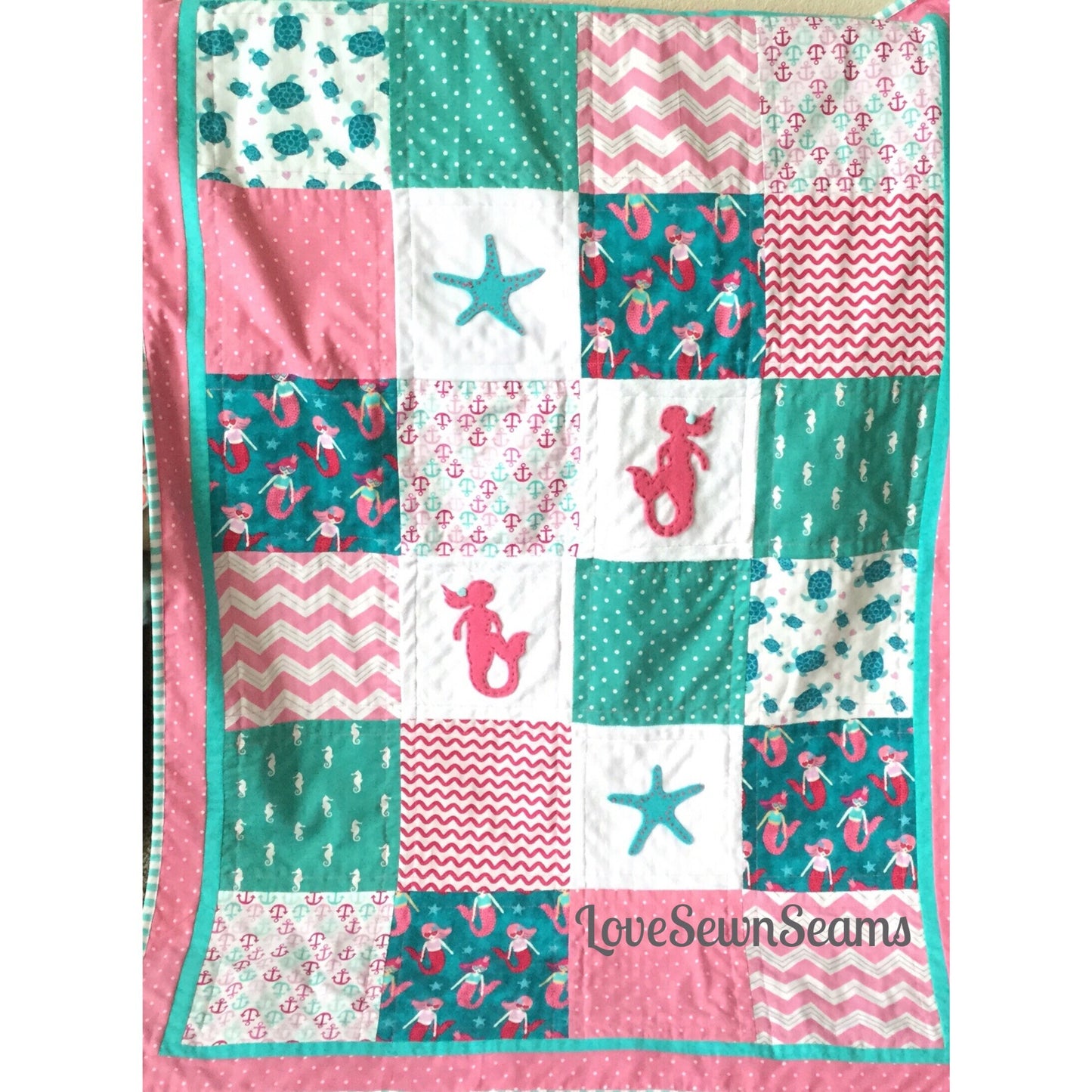 Mermaid Quilt/Sea Turtle quilt/Handmade in USA/Nautical Baby quilt/Starfish