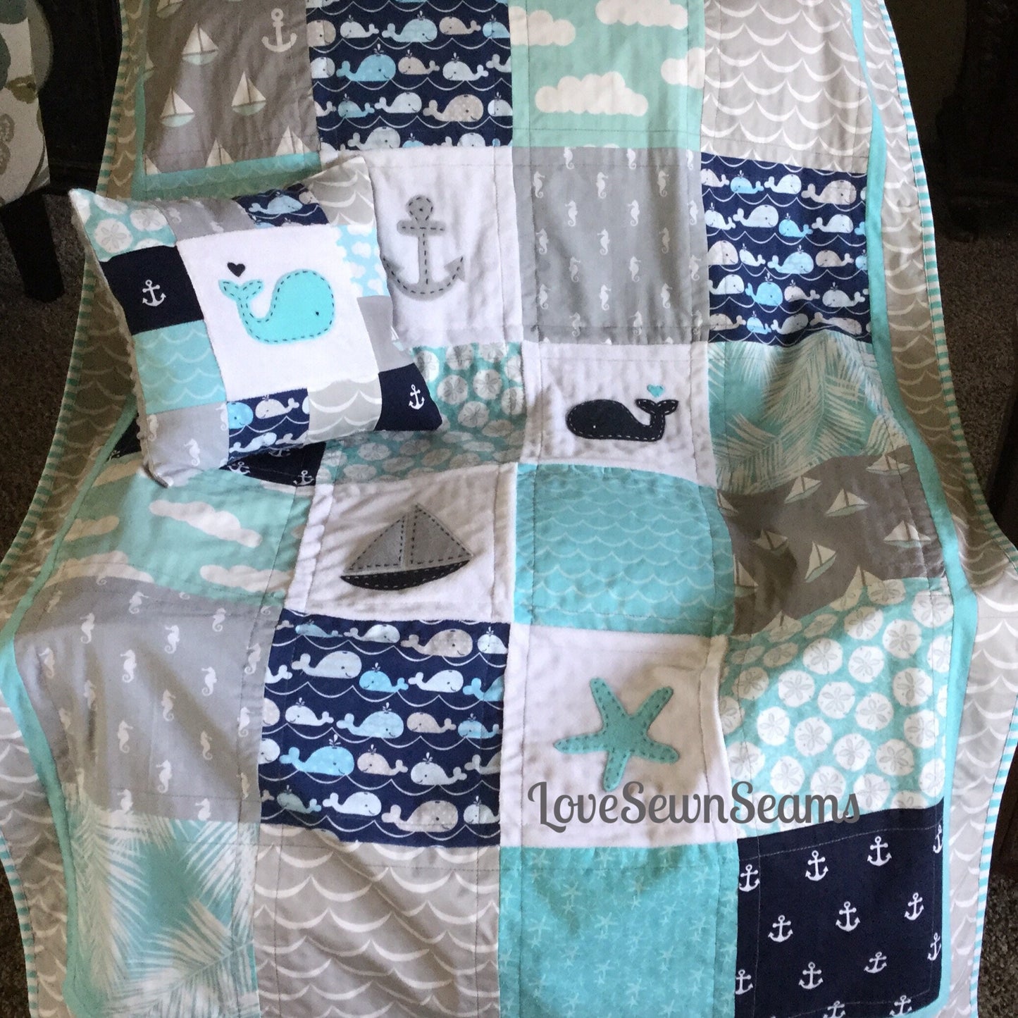 Nautical Crib Quilt/Crib Skirt/Accent Pillow/Coastal Crib Quilt/Follow Me to the Sea