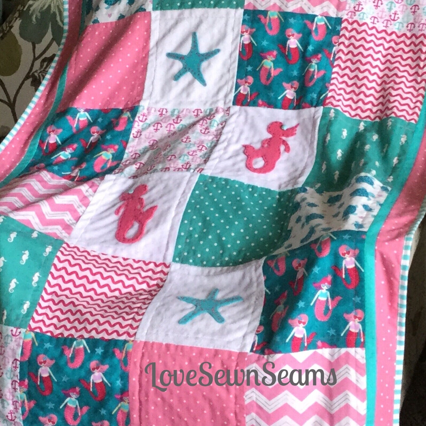 Mermaid Quilt/Sea Turtle quilt/Handmade in USA/Nautical Baby quilt/Starfish
