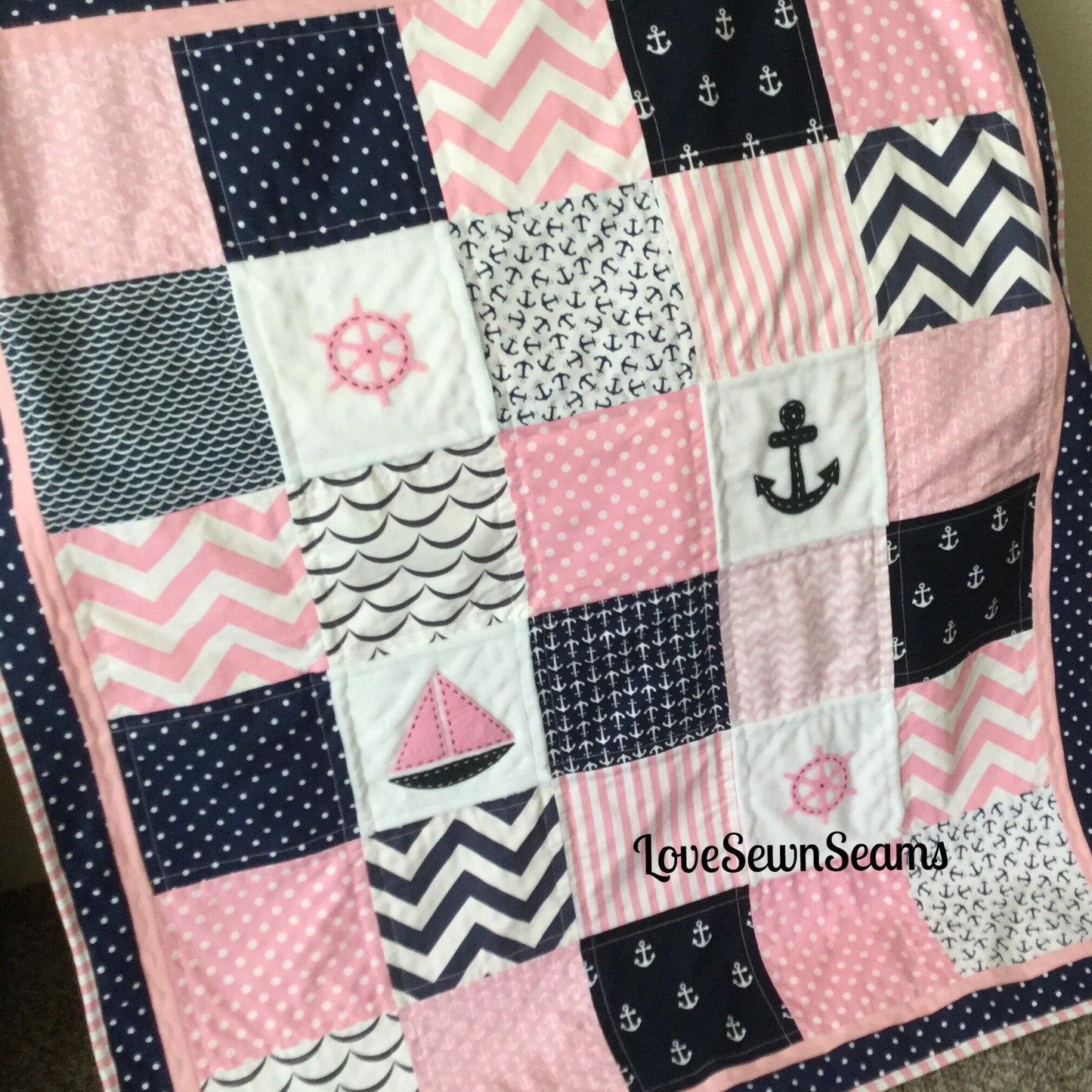 Seaside quilt/BABY Quilt/PINK NAUTICAL Quilt/Pink and navy quilt/Baby girl quilt/Handmade quilt