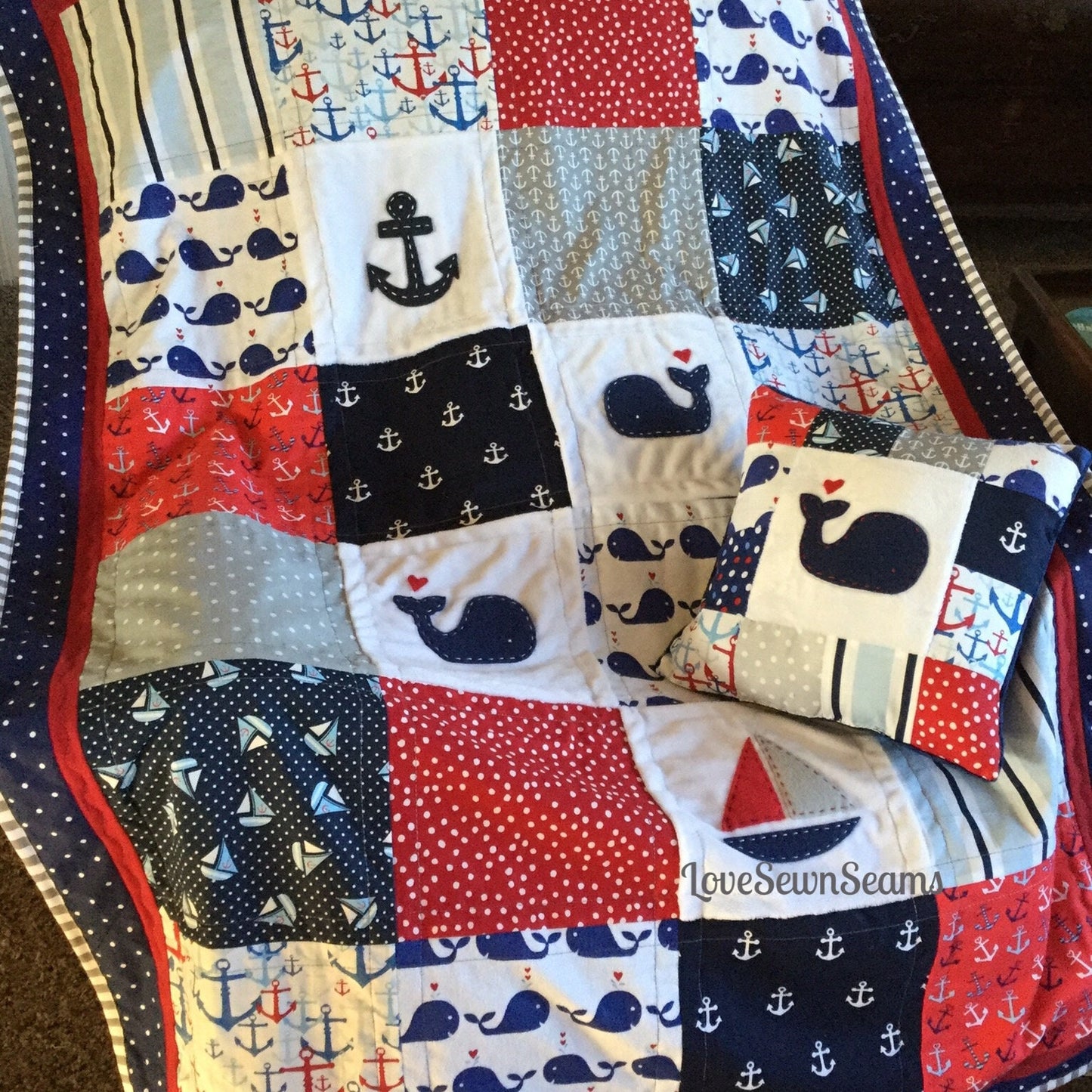 NAUTICAL QUILT/RED White and Blue Nautical Quilt/Baby Quilt/Handmade Quilt