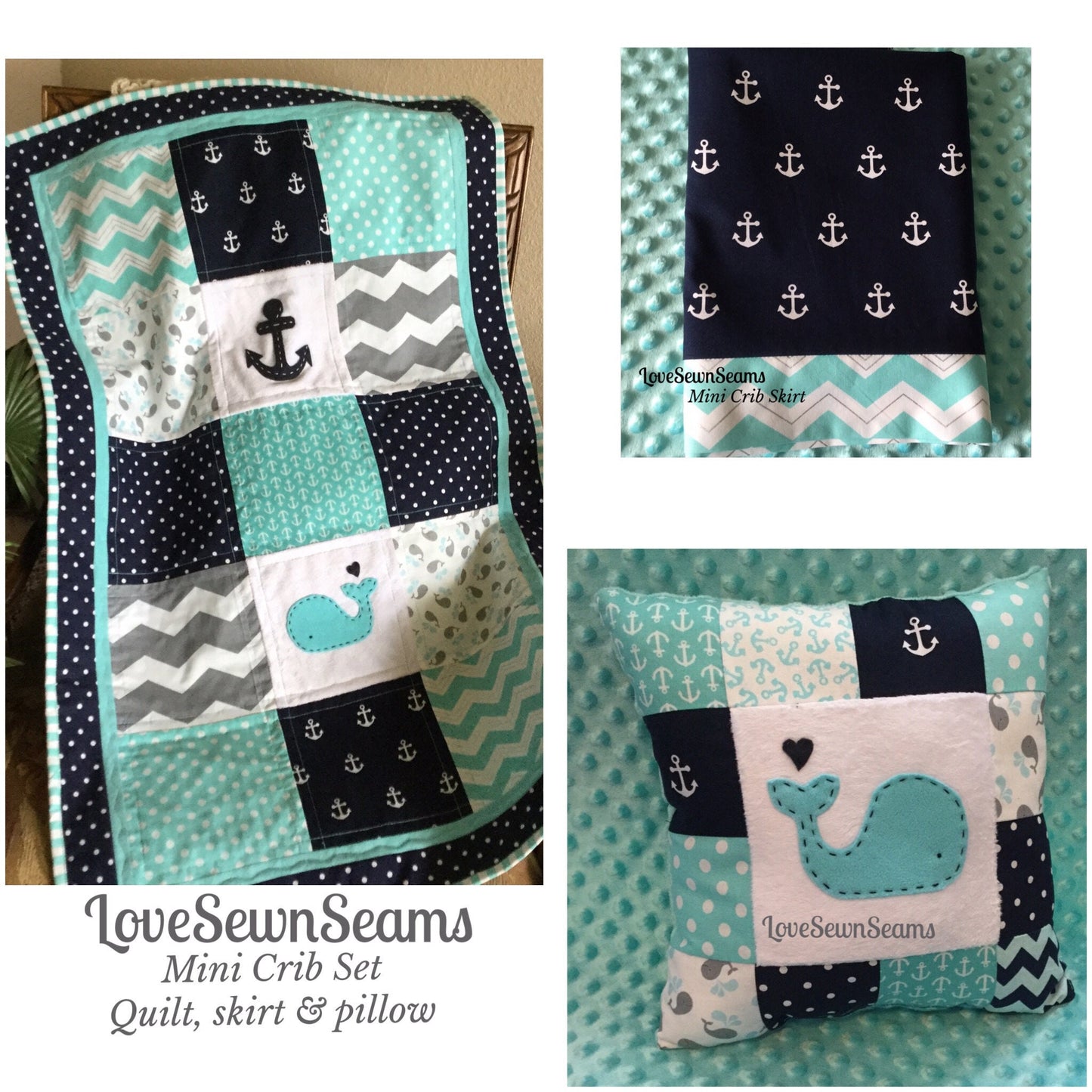 MADE TO ORDER/Mini crib quilt/Nautical/Coastal/Lovey/Small Baby Quilt/Stroller blanket/Baby travel quilt