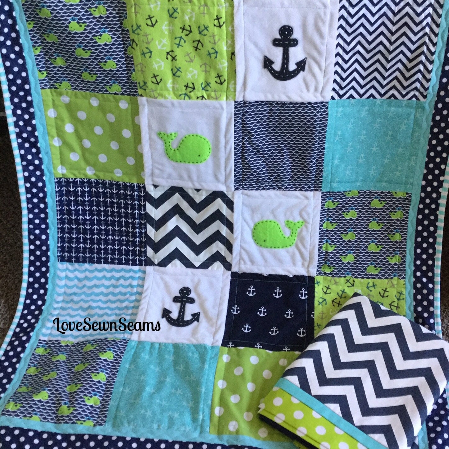 Nautical Baby quilt/Crib quilt/Baby quilt/Navy and Lime quilt