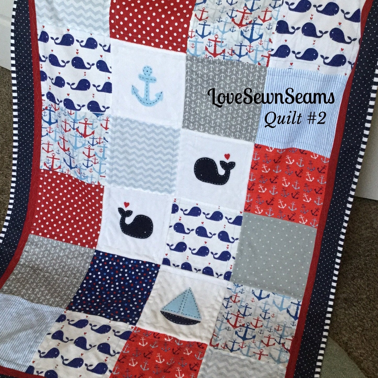 NAUTICAL QUILT/RED White and Blue Nautical Quilt/Baby Quilt/Handmade Quilt