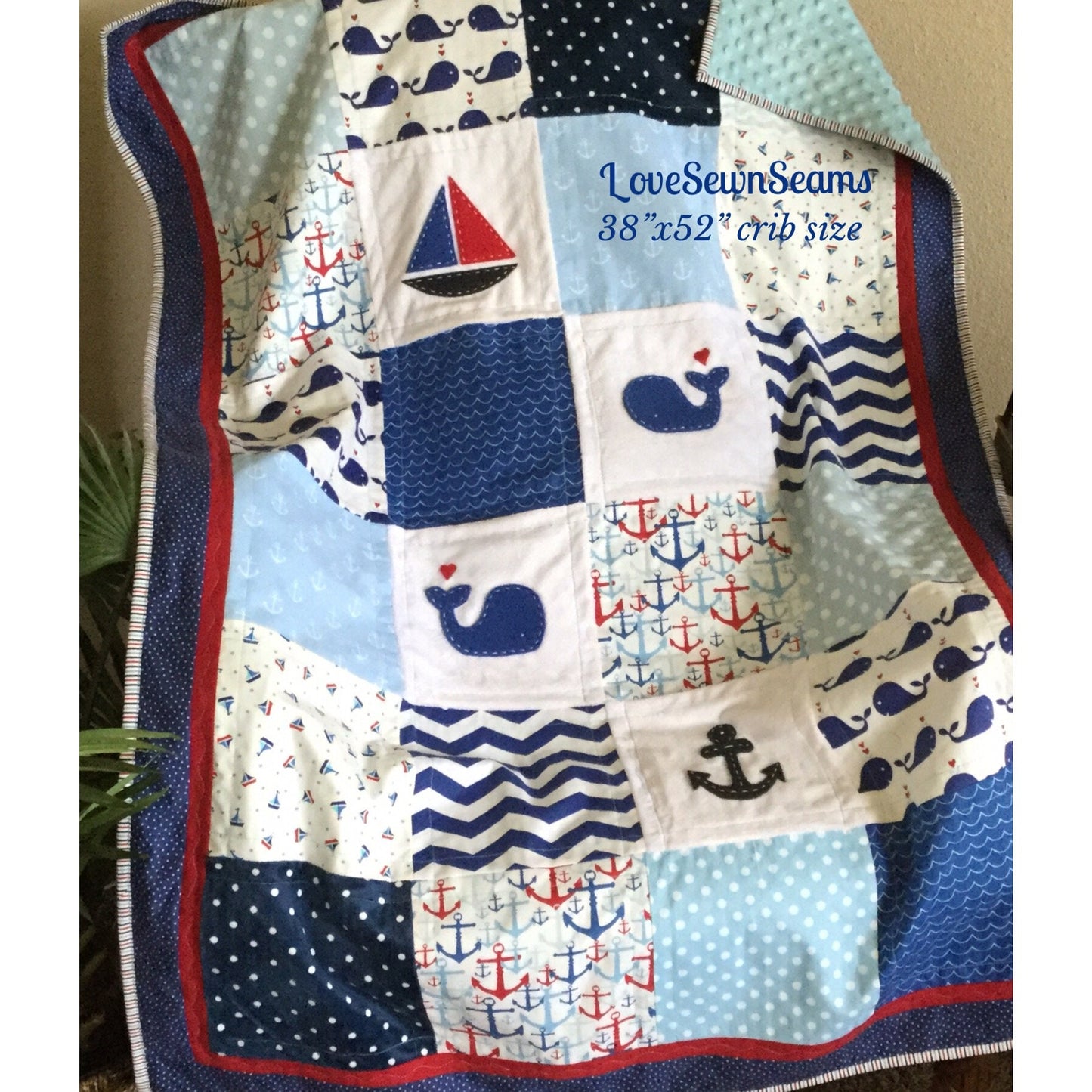 NAUTICAL QUILT/RED White and Blue Nautical Quilt/Baby Quilt/Handmade Quilt