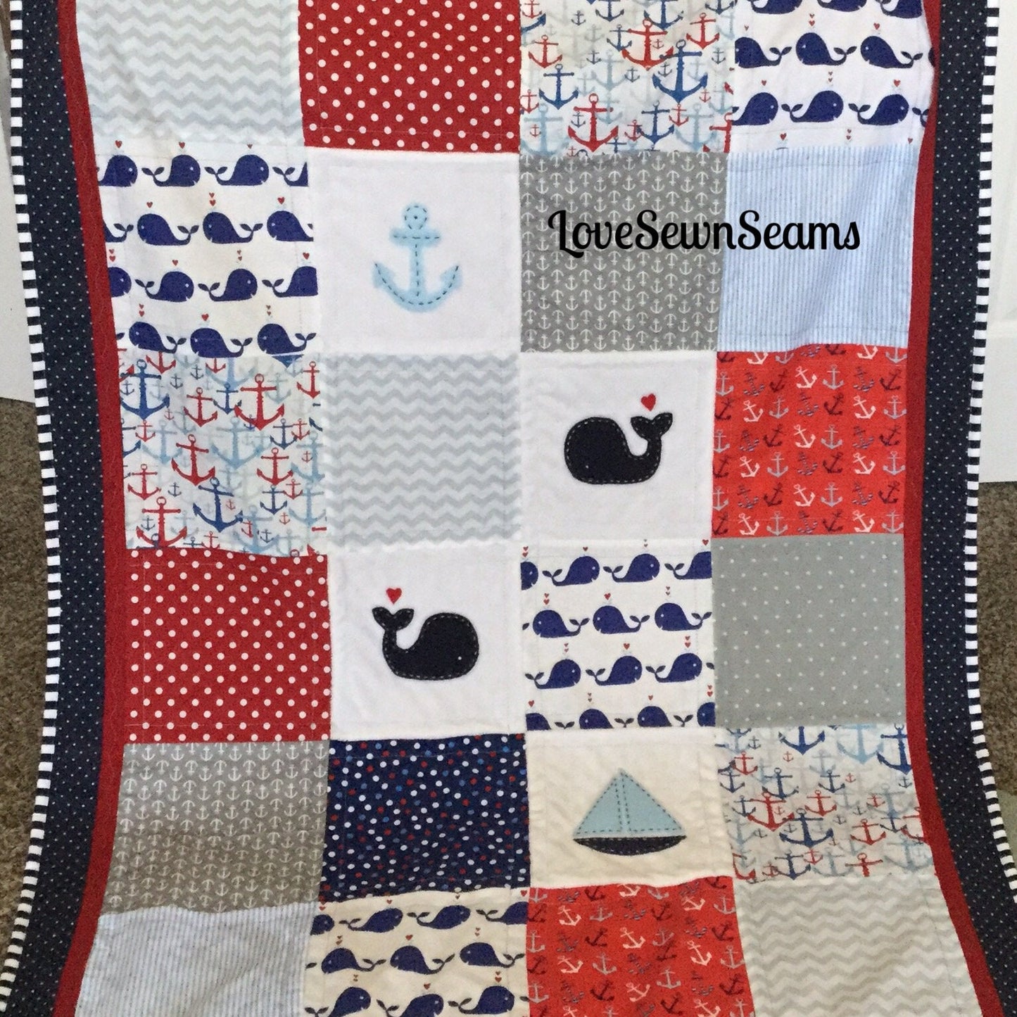 NAUTICAL QUILT/RED White and Blue Nautical Quilt/Baby Quilt/Handmade Quilt