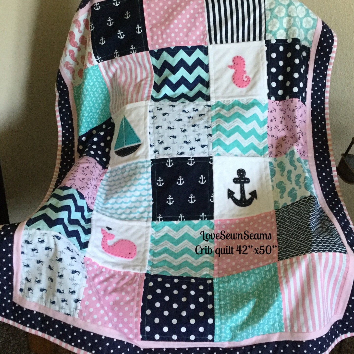 Pink Navy Aqua Nautical Quilt/Nautical Baby quilt/Seahorse/Nautical crib guard/Coastal quilt