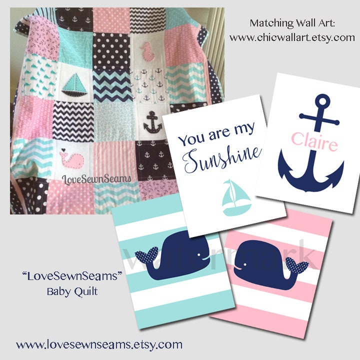 Pink Navy Aqua Nautical Quilt/Nautical Baby quilt/Seahorse/Nautical crib guard/Coastal quilt