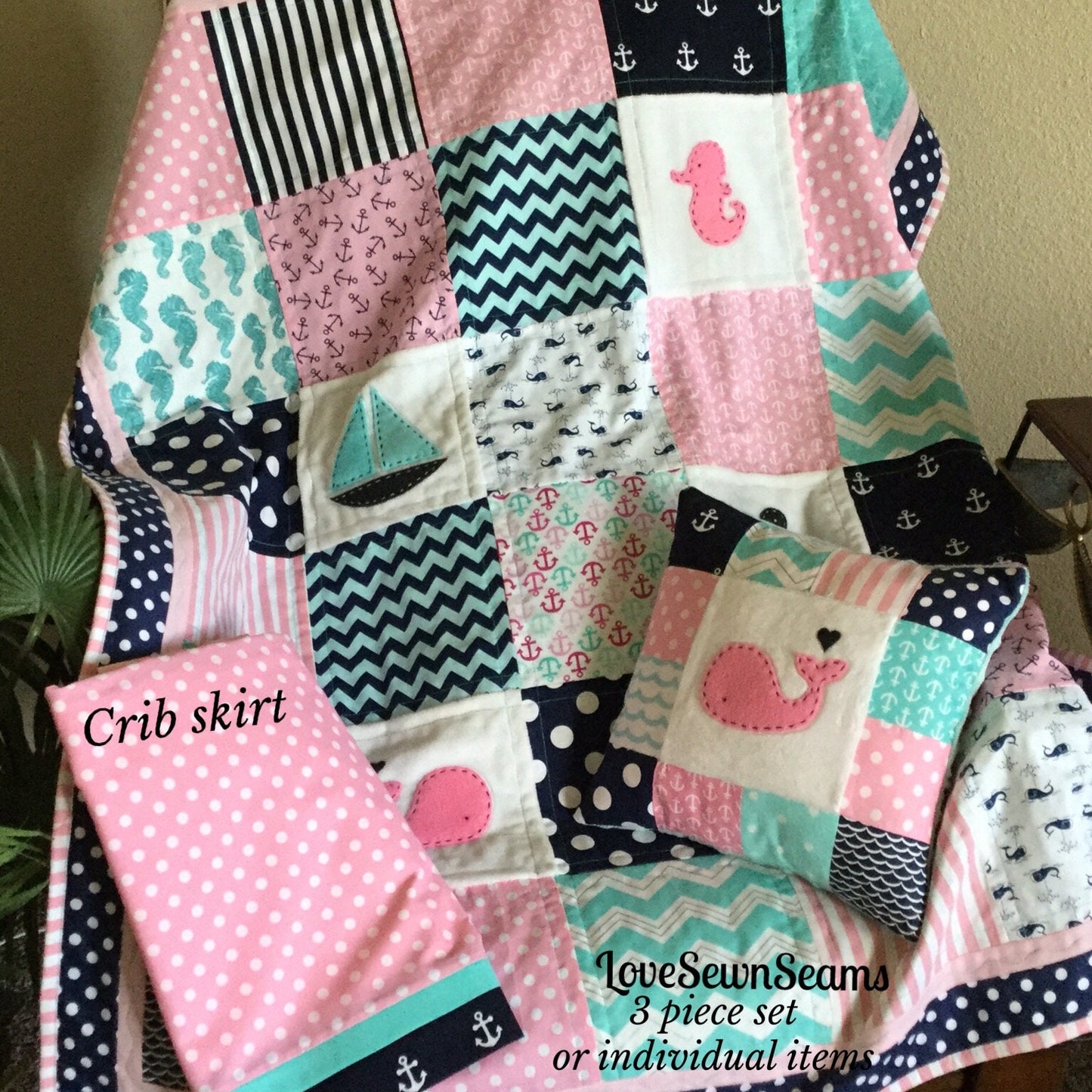 Nautical baby quilt/Coastal quilt/Baby quilt/Set or Individual items/Handmade quilt
