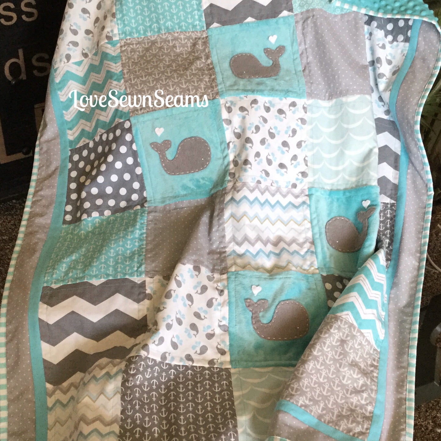 WHALE Baby Quilt/Nautical quilt/COASTAL baby quilt/Gray and Aqua quilt/Baby Quilt