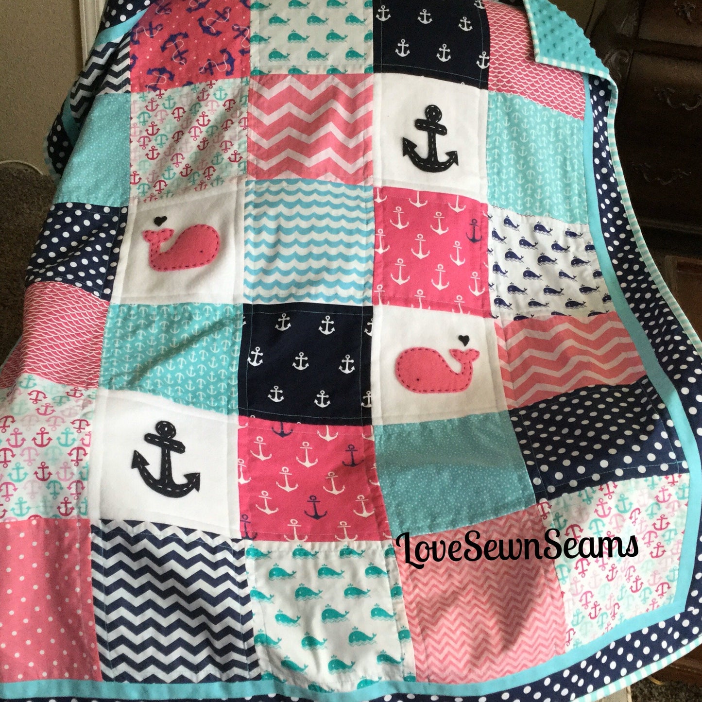 HOT Pink baby quilt/Nautical Quilt/Baby Girl Quilt/BABY QUILT/Coastal quilt/Baby bedding