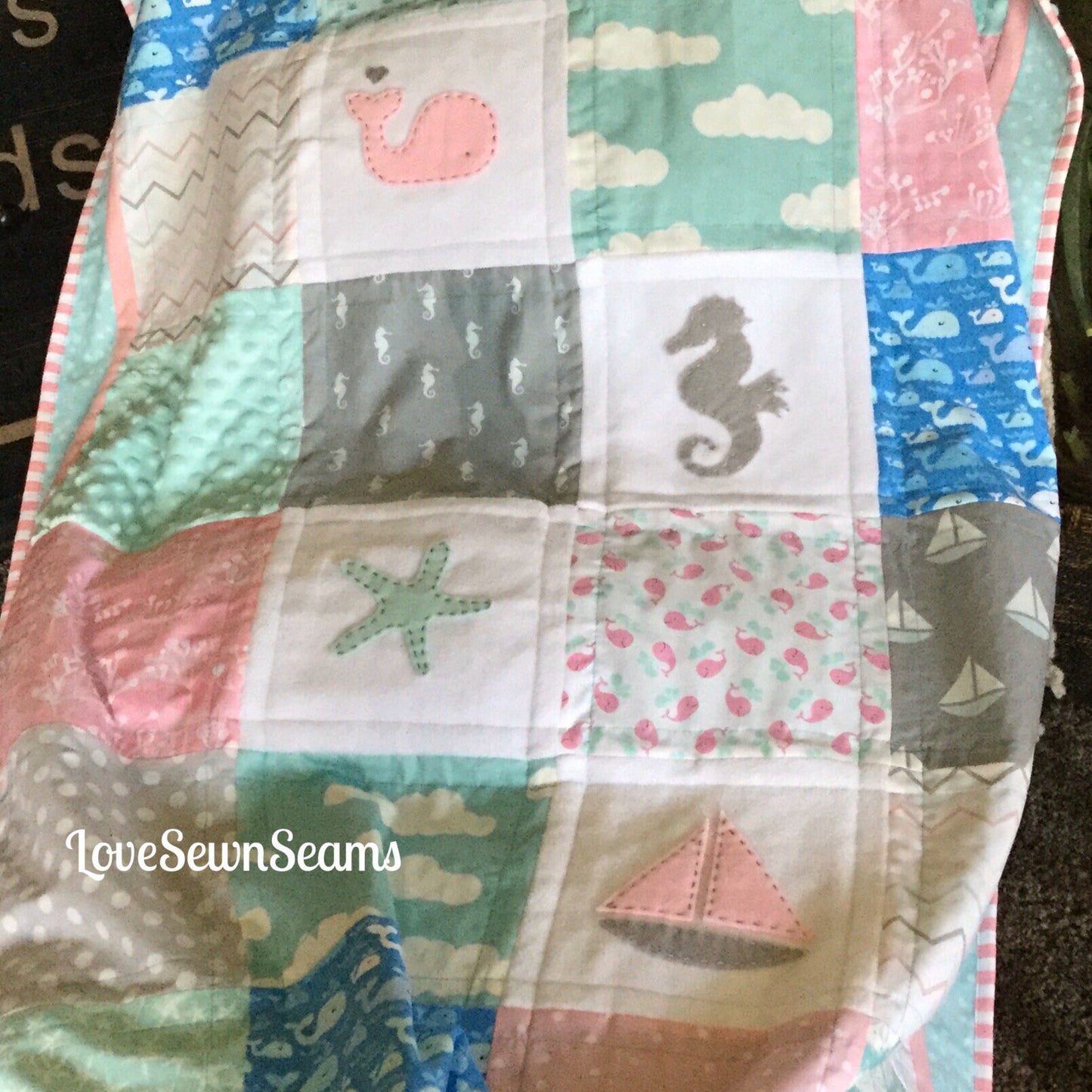 COASTAL QUILT/Seaside quilt or lovey/Nautical quilt/Beach quilt/ Baby girl quilt/Minky quilt