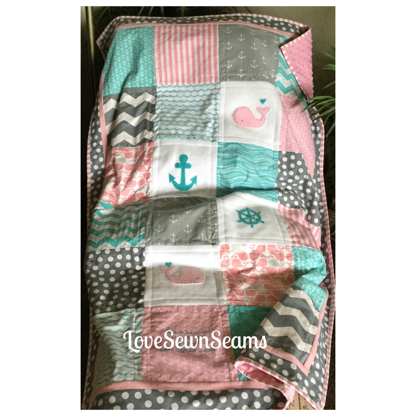 Nautical Baby Quilt/Handmade quilt/Coastal Baby Quilt/Teal and pink quilt/Baby Quilt