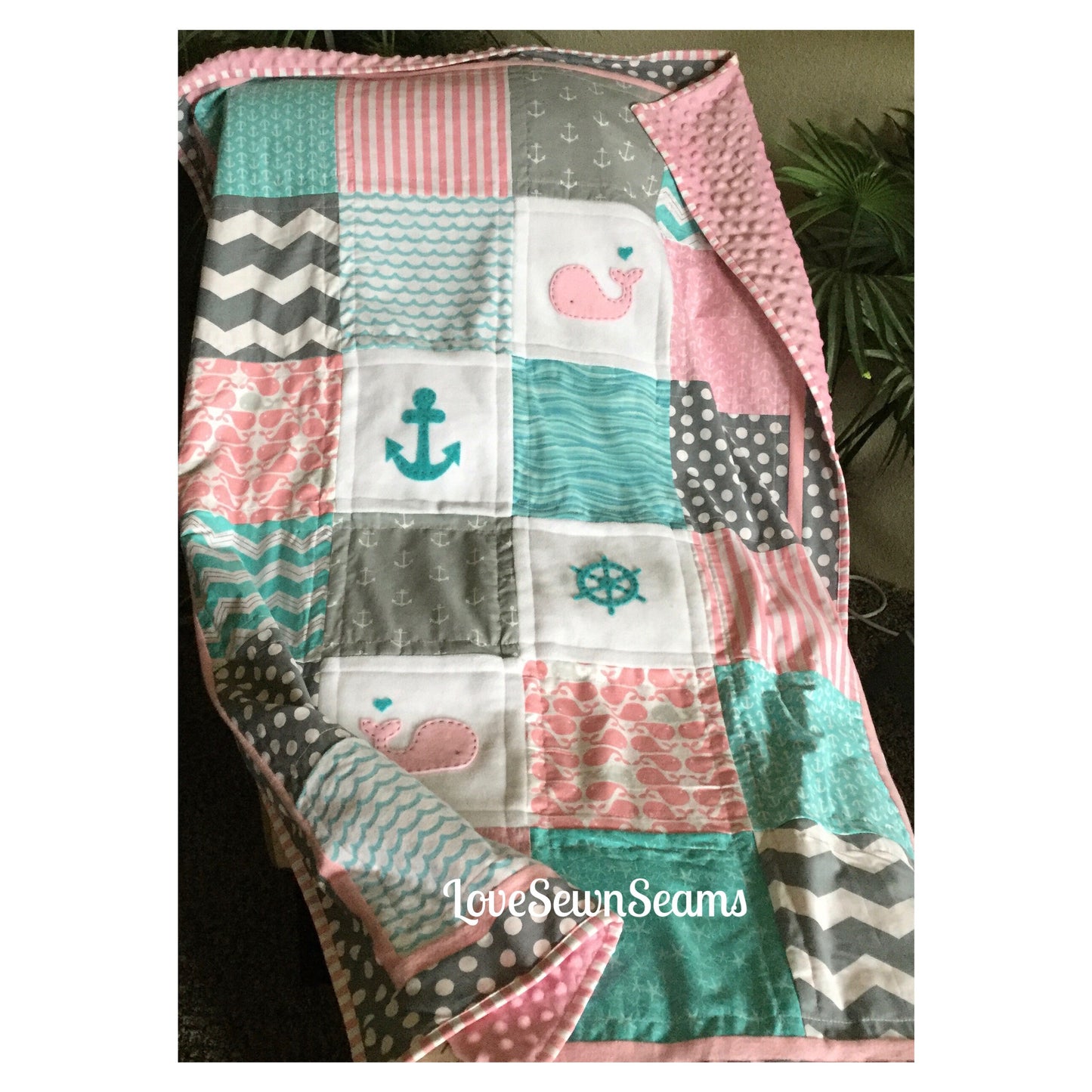 Nautical Baby Quilt/Handmade quilt/Coastal Baby Quilt/Teal and pink quilt/Baby Quilt